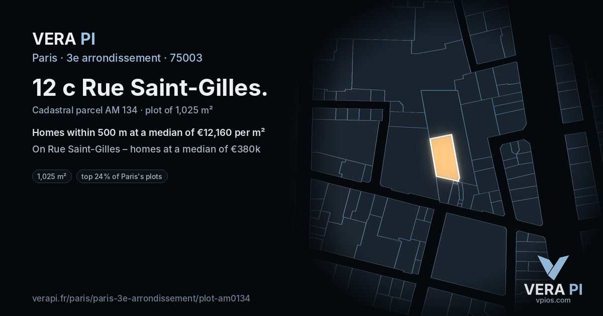 12 c Rue Saint-Gilles, 3e arrondissement at night – the plot lit, the parcels around coloured by the prices near them