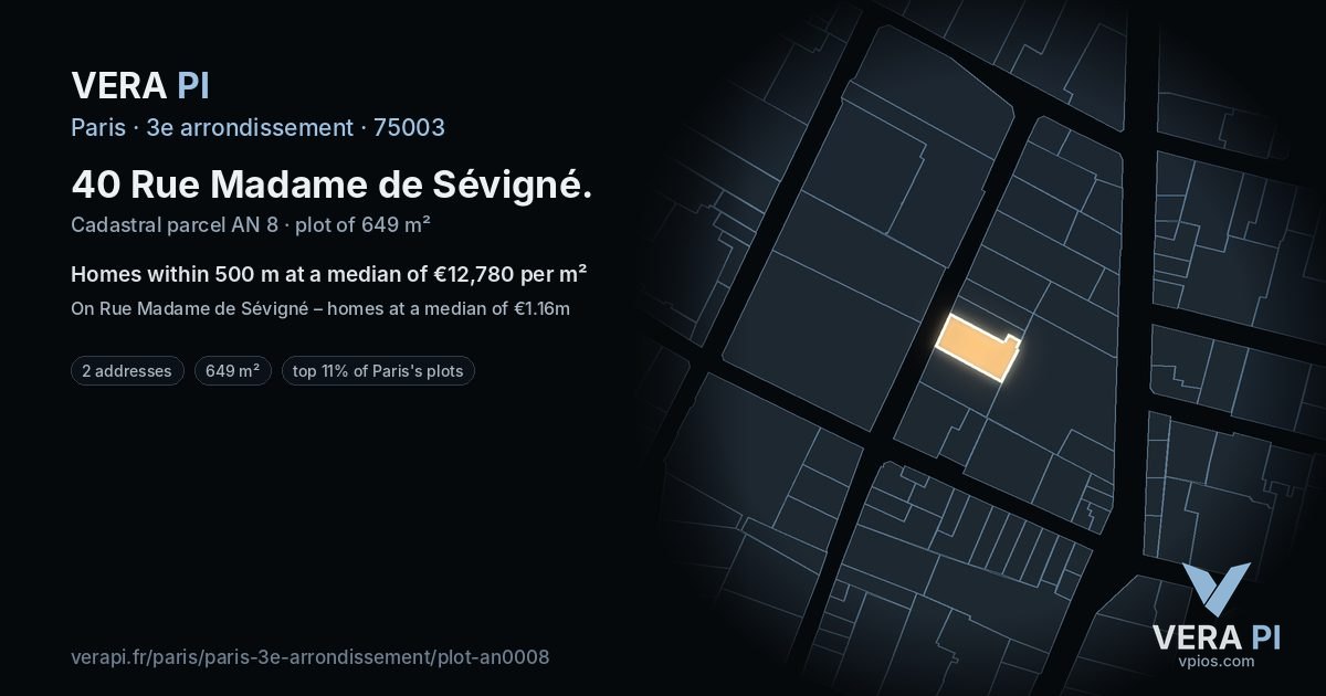40 Rue Madame de Sévigné, 3e arrondissement at night – the plot lit, the parcels around coloured by the prices near them