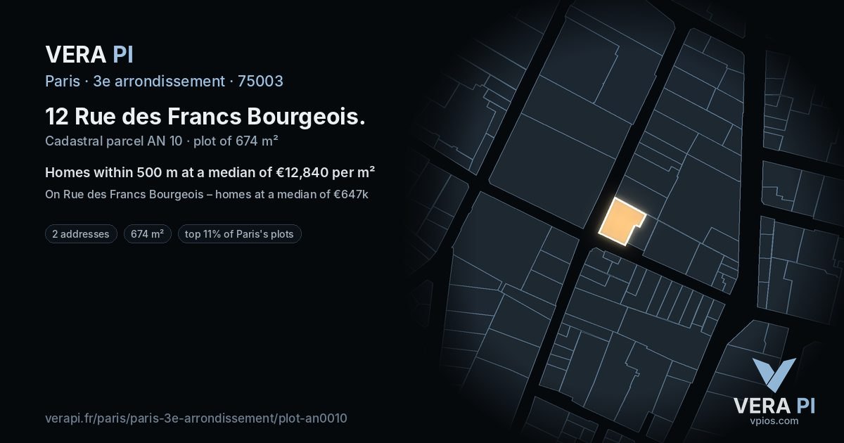 12 Rue des Francs Bourgeois, 3e arrondissement at night – the plot lit, the parcels around coloured by the prices near them