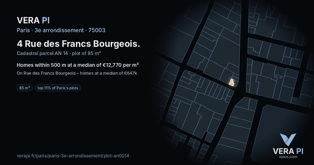 4 Rue des Francs Bourgeois, 3e arrondissement at night – the plot lit, the parcels around coloured by the prices near them