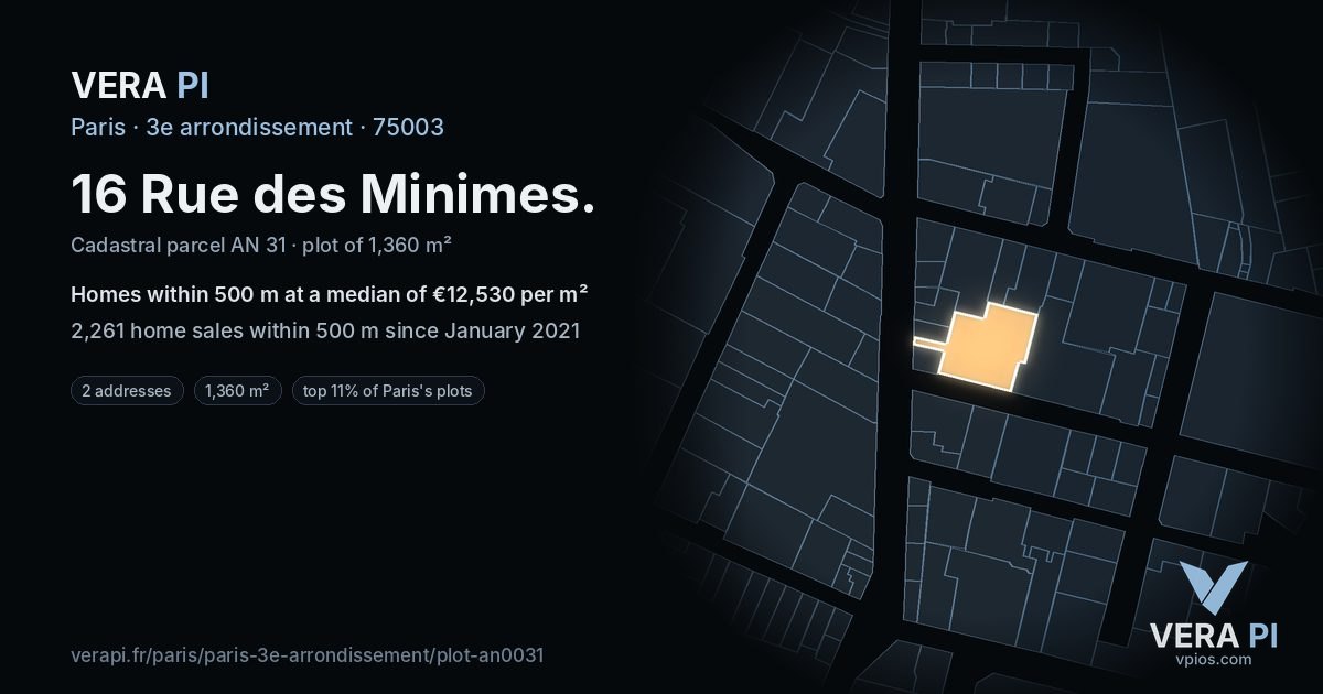 16 Rue des Minimes, 3e arrondissement at night – the plot lit, the parcels around coloured by the prices near them