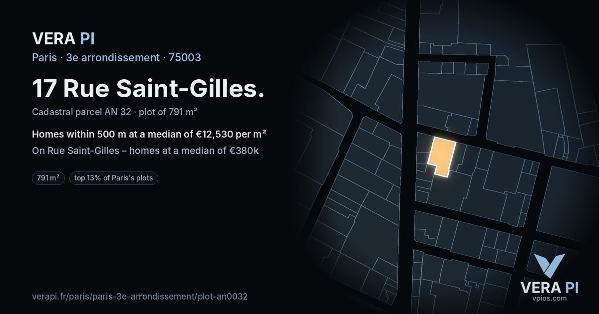 17 Rue Saint-Gilles, 3e arrondissement at night – the plot lit, the parcels around coloured by the prices near them