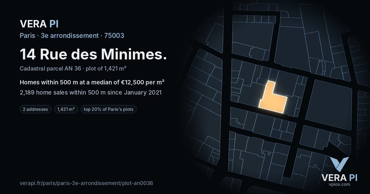14 Rue des Minimes, 3e arrondissement at night – the plot lit, the parcels around coloured by the prices near them