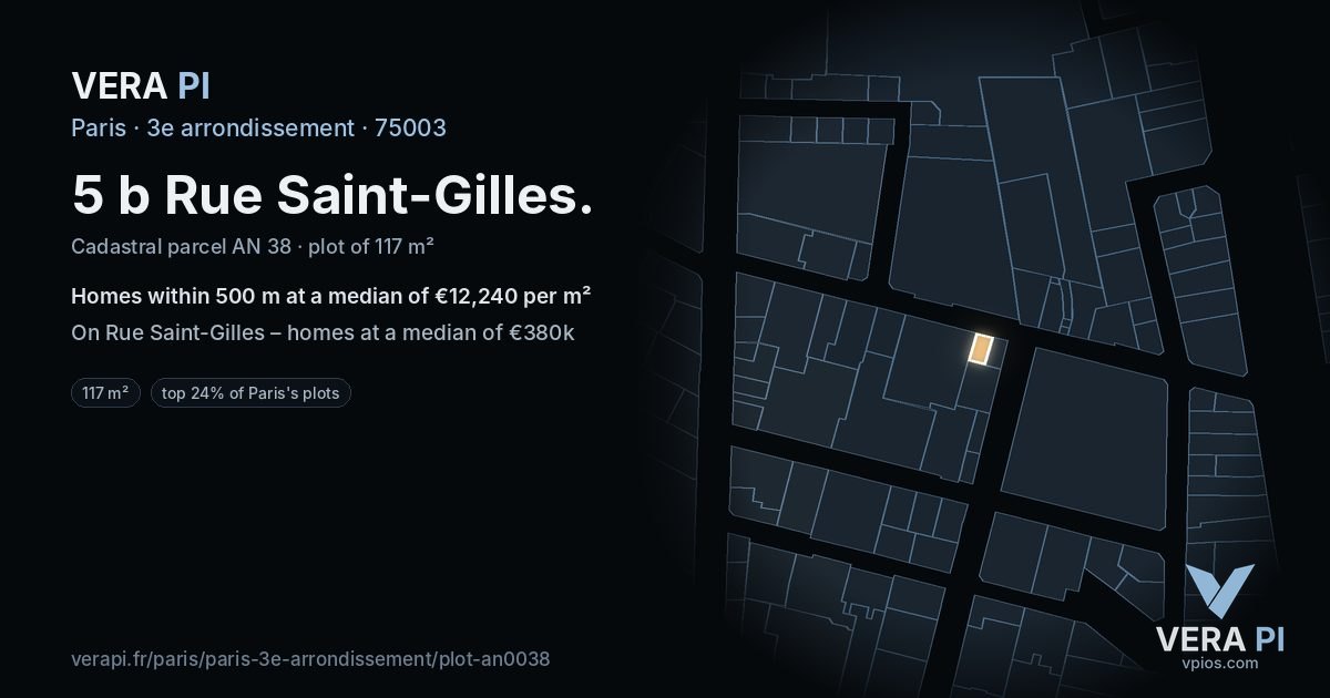 5 b Rue Saint-Gilles, 3e arrondissement at night – the plot lit, the parcels around coloured by the prices near them
