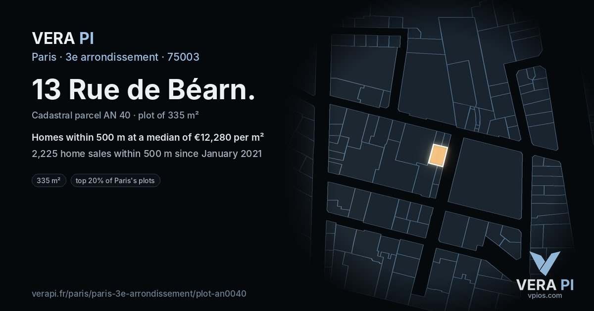 13 Rue de Béarn, 3e arrondissement at night – the plot lit, the parcels around coloured by the prices near them