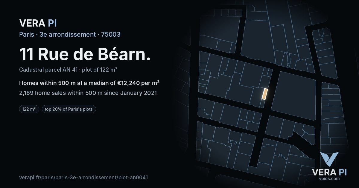 11 Rue de Béarn, 3e arrondissement at night – the plot lit, the parcels around coloured by the prices near them