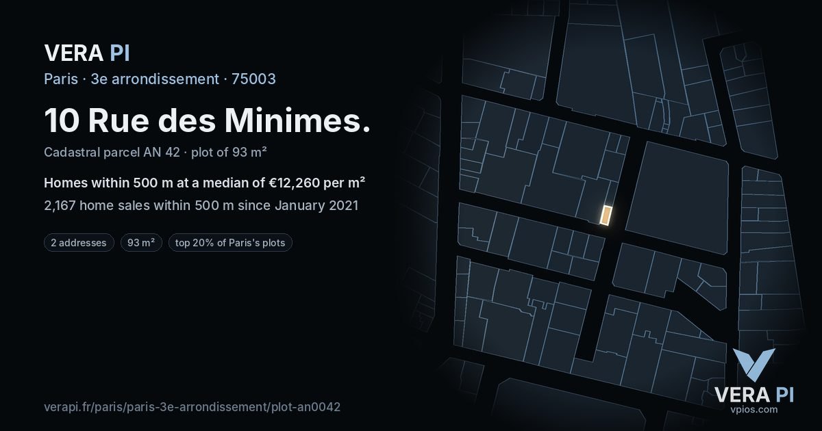 10 Rue des Minimes, 3e arrondissement at night – the plot lit, the parcels around coloured by the prices near them