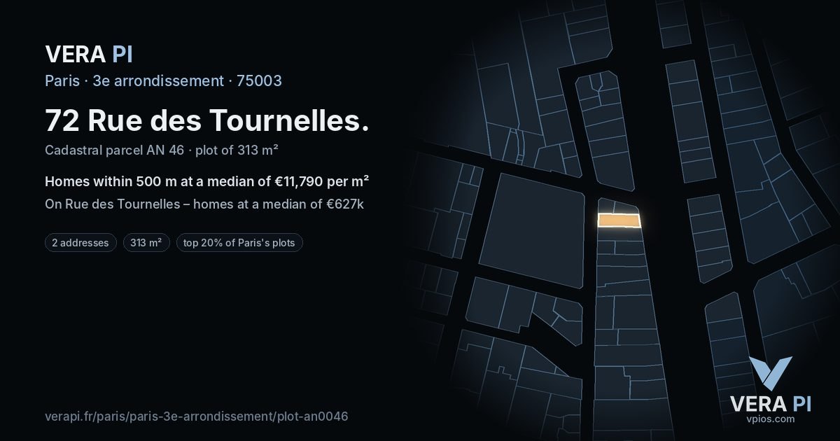 72 Rue des Tournelles, 3e arrondissement at night – the plot lit, the parcels around coloured by the prices near them
