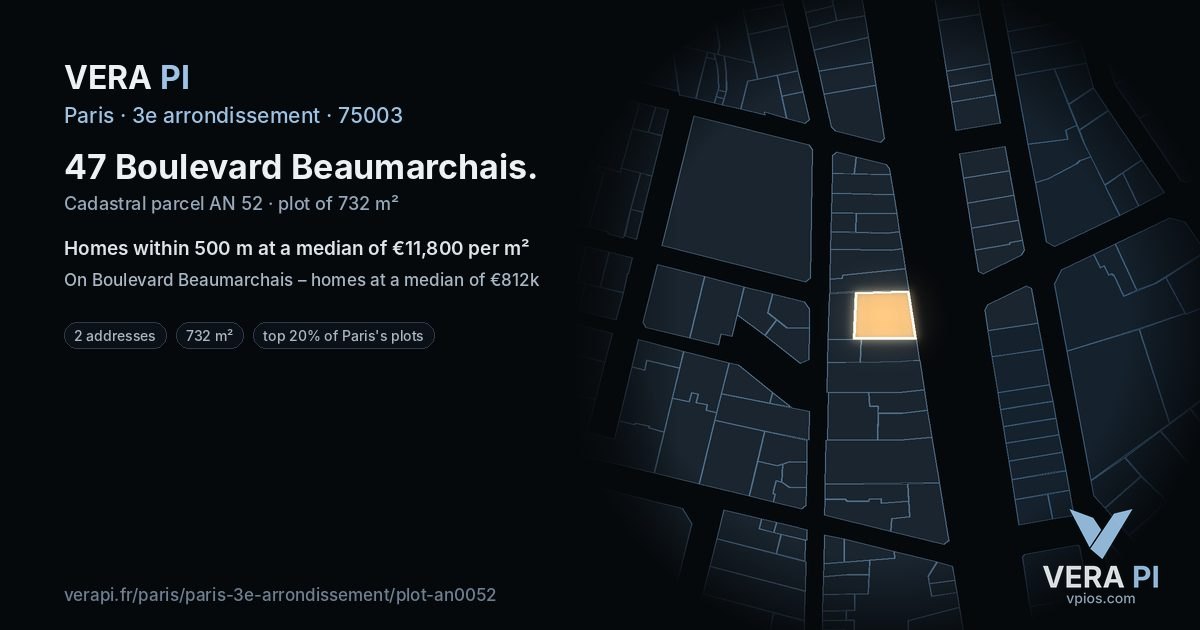47 Boulevard Beaumarchais, 3e arrondissement at night – the plot lit, the parcels around coloured by the prices near them