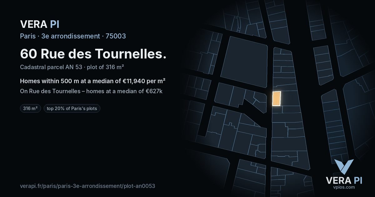 60 Rue des Tournelles, 3e arrondissement at night – the plot lit, the parcels around coloured by the prices near them