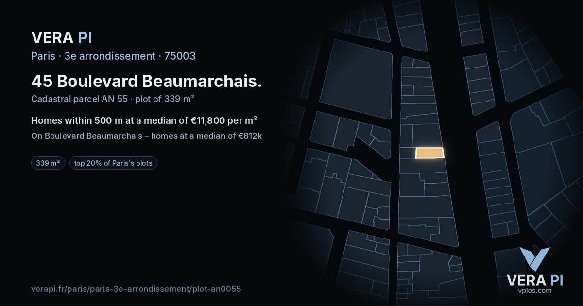 45 Boulevard Beaumarchais, 3e arrondissement at night – the plot lit, the parcels around coloured by the prices near them