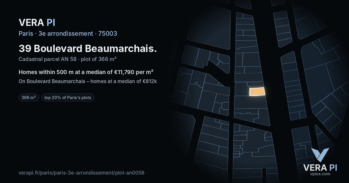 39 Boulevard Beaumarchais, 3e arrondissement at night – the plot lit, the parcels around coloured by the prices near them