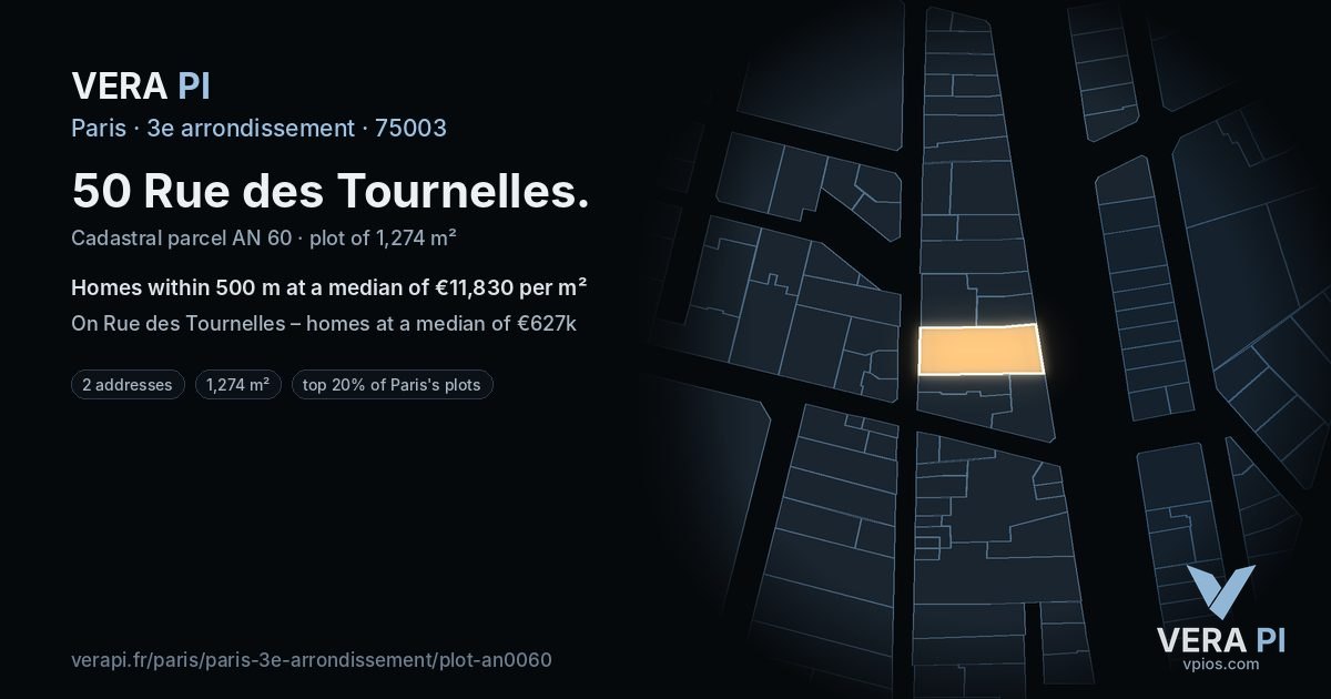 50 Rue des Tournelles, 3e arrondissement at night – the plot lit, the parcels around coloured by the prices near them