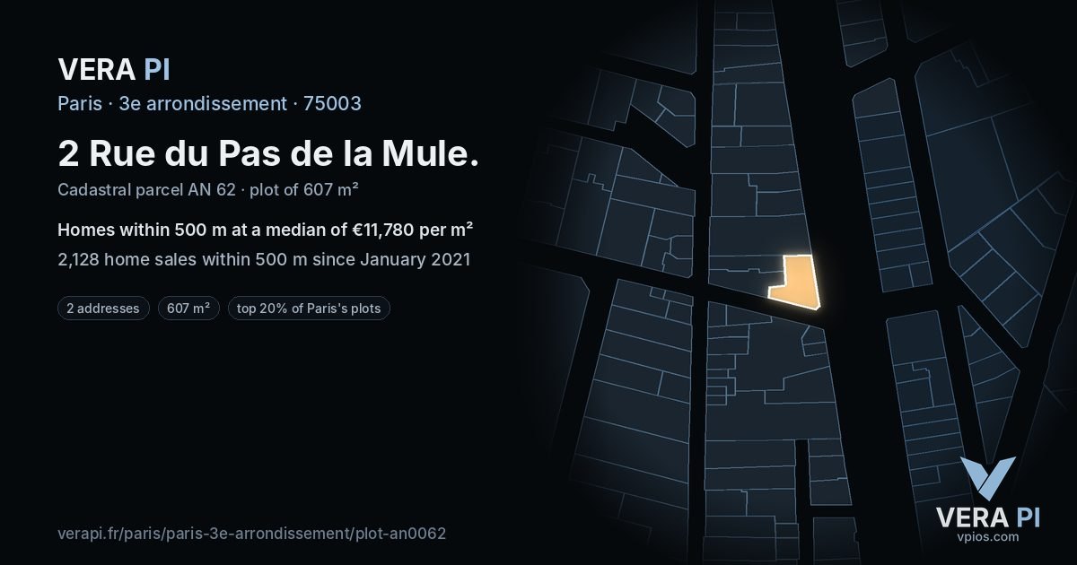 2 Rue du Pas de la Mule, 3e arrondissement at night – the plot lit, the parcels around coloured by the prices near them