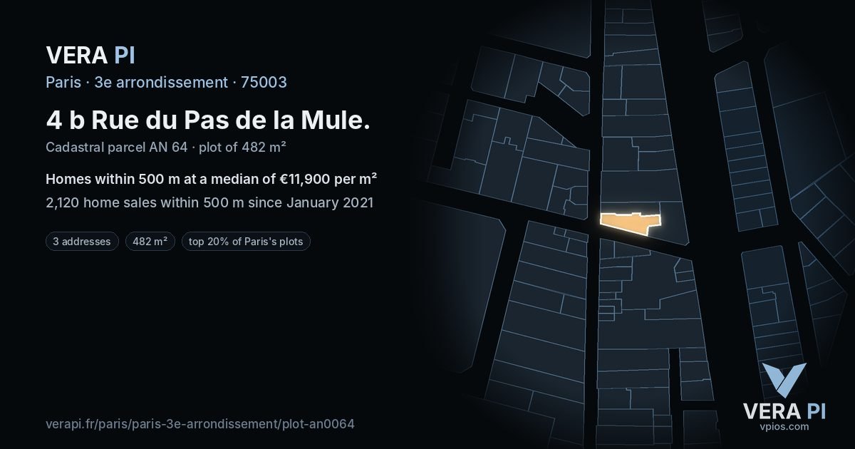 4 b Rue du Pas de la Mule, 3e arrondissement at night – the plot lit, the parcels around coloured by the prices near them