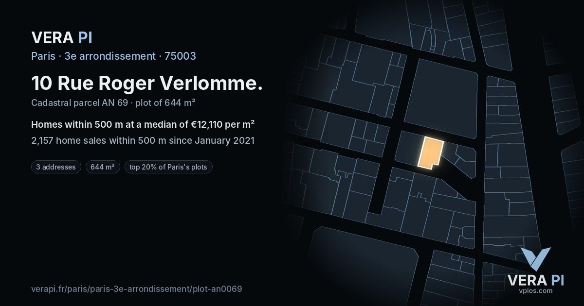 10 Rue Roger Verlomme, 3e arrondissement at night – the plot lit, the parcels around coloured by the prices near them