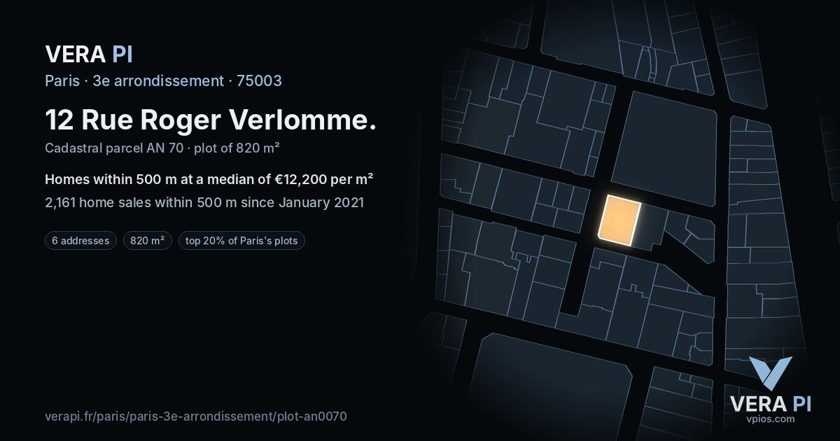 12 Rue Roger Verlomme, 3e arrondissement at night – the plot lit, the parcels around coloured by the prices near them
