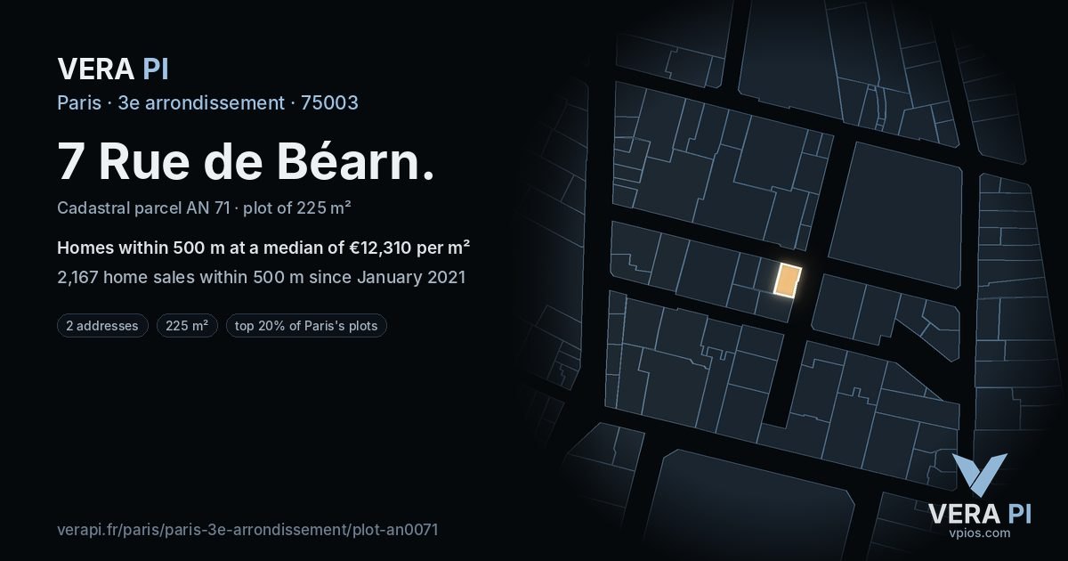 7 Rue de Béarn, 3e arrondissement at night – the plot lit, the parcels around coloured by the prices near them