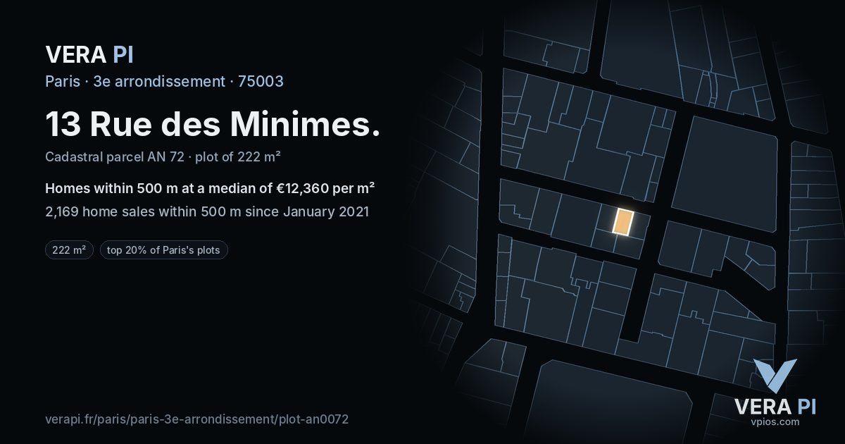 13 Rue des Minimes, 3e arrondissement at night – the plot lit, the parcels around coloured by the prices near them