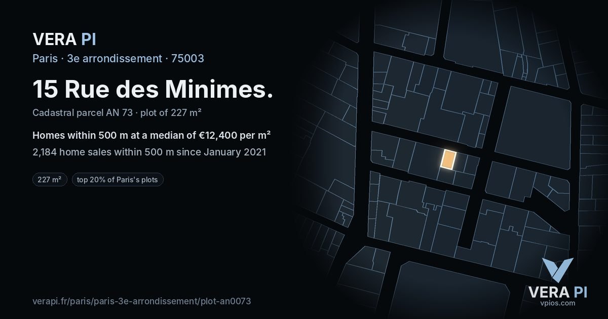 15 Rue des Minimes, 3e arrondissement at night – the plot lit, the parcels around coloured by the prices near them