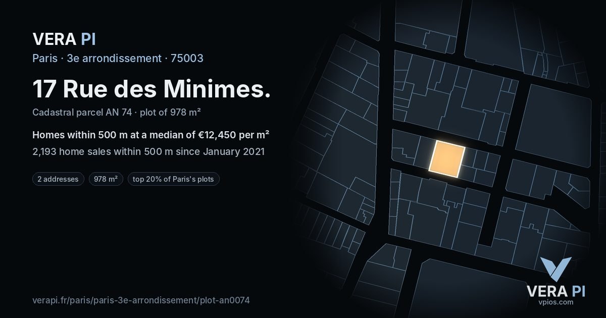 17 Rue des Minimes, 3e arrondissement at night – the plot lit, the parcels around coloured by the prices near them