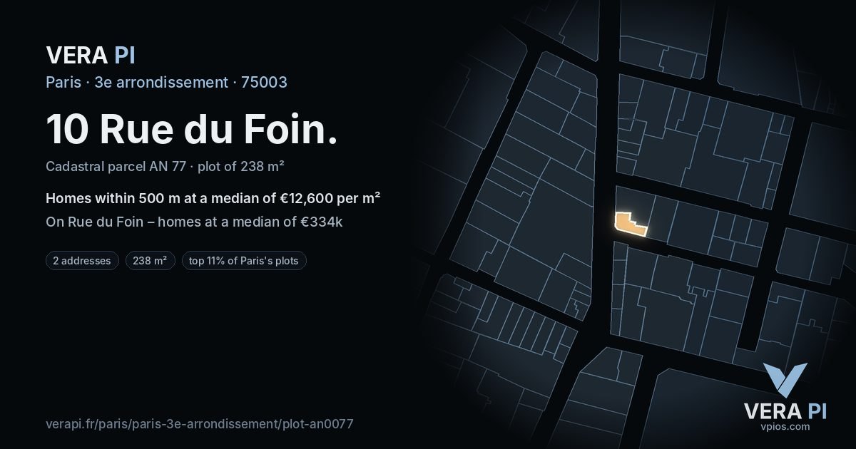 10 Rue du Foin, 3e arrondissement at night – the plot lit, the parcels around coloured by the prices near them