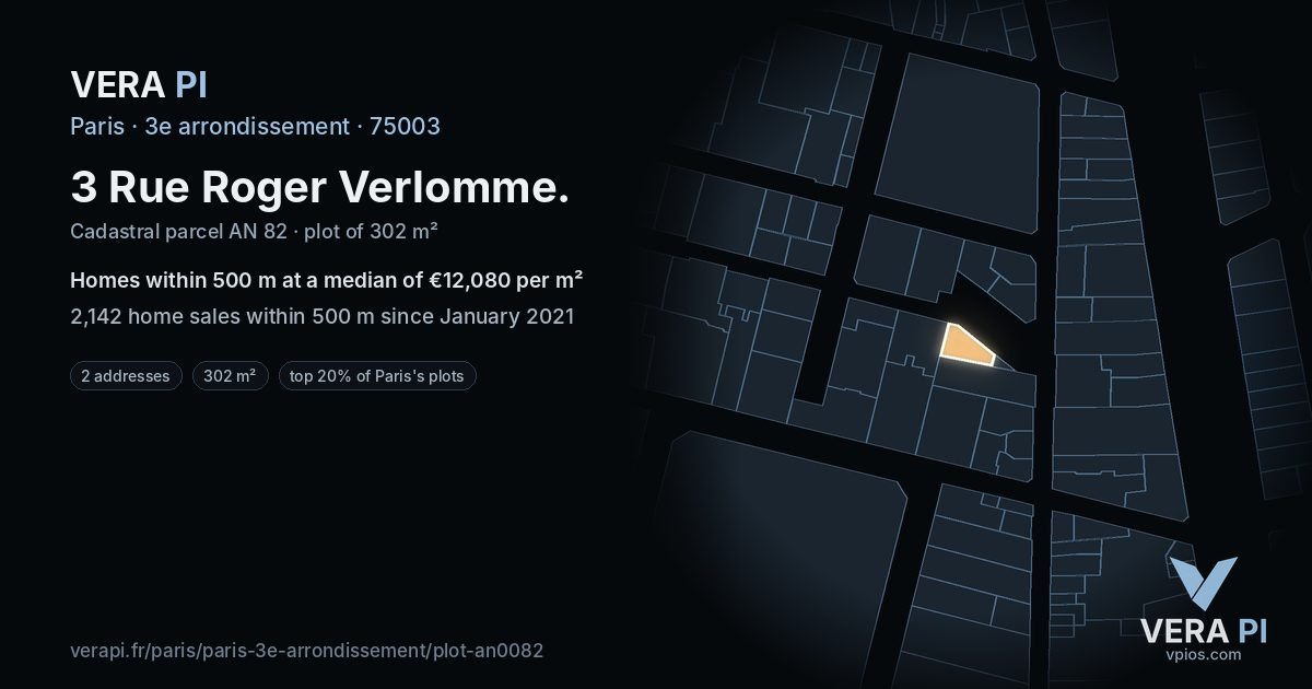 3 Rue Roger Verlomme, 3e arrondissement at night – the plot lit, the parcels around coloured by the prices near them