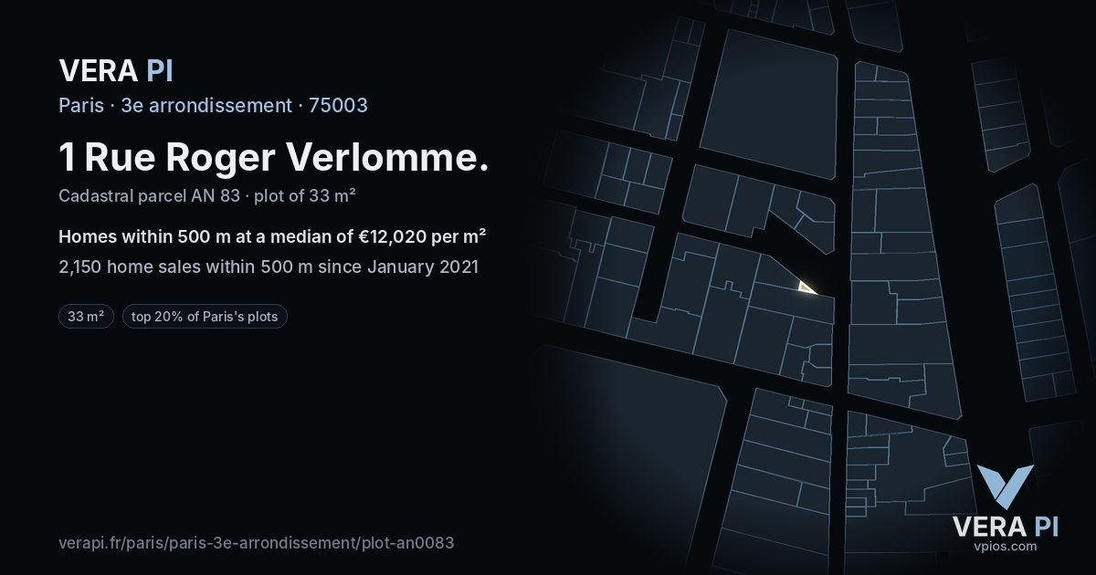 1 Rue Roger Verlomme, 3e arrondissement at night – the plot lit, the parcels around coloured by the prices near them