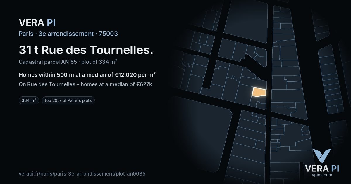 31 t Rue des Tournelles, 3e arrondissement at night – the plot lit, the parcels around coloured by the prices near them