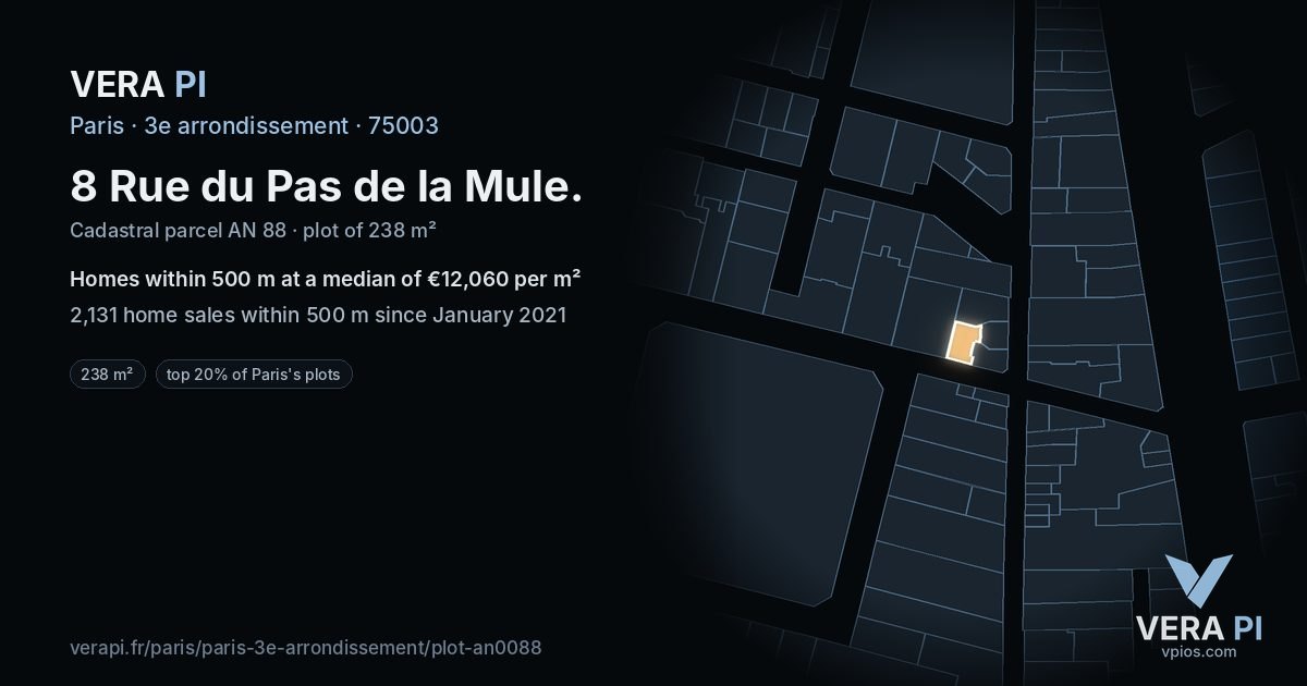 8 Rue du Pas de la Mule, 3e arrondissement at night – the plot lit, the parcels around coloured by the prices near them