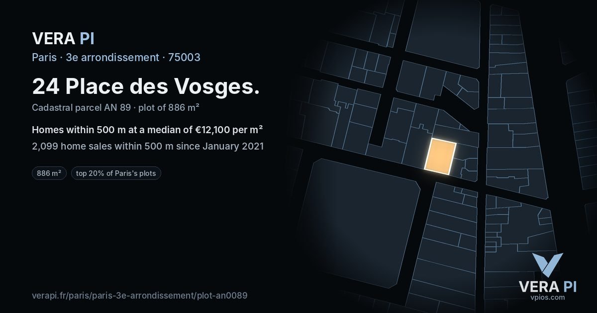 24 Place des Vosges, 3e arrondissement at night – the plot lit, the parcels around coloured by the prices near them