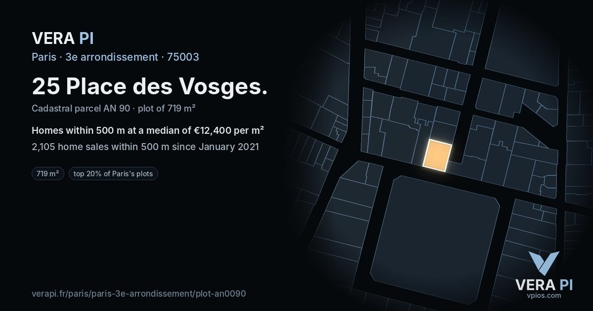 25 Place des Vosges, 3e arrondissement at night – the plot lit, the parcels around coloured by the prices near them