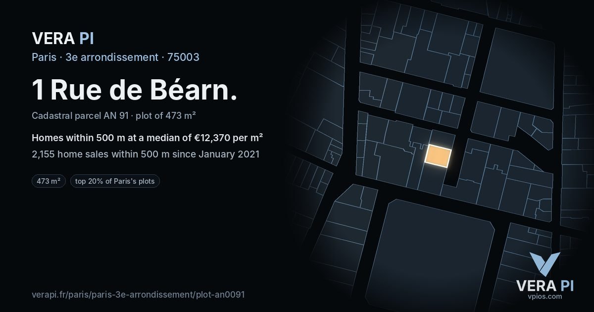 1 Rue de Béarn, 3e arrondissement at night – the plot lit, the parcels around coloured by the prices near them