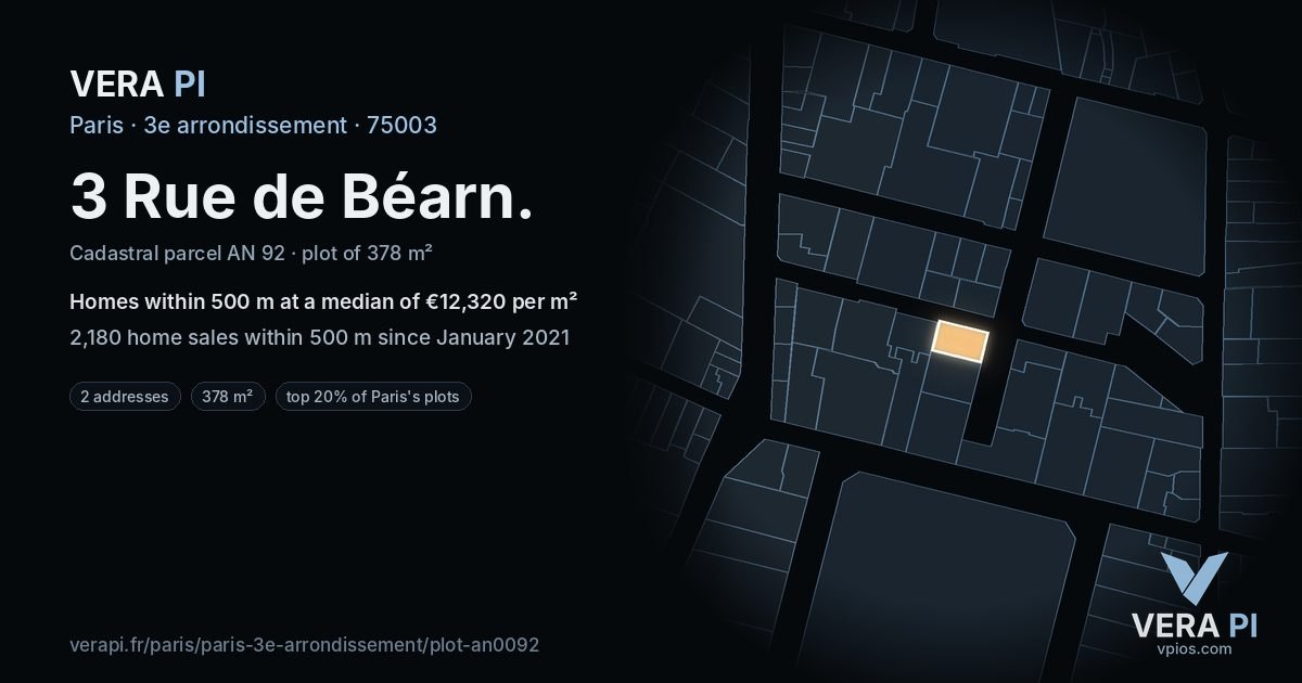 3 Rue de Béarn, 3e arrondissement at night – the plot lit, the parcels around coloured by the prices near them