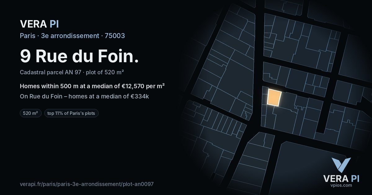 9 Rue du Foin, 3e arrondissement at night – the plot lit, the parcels around coloured by the prices near them