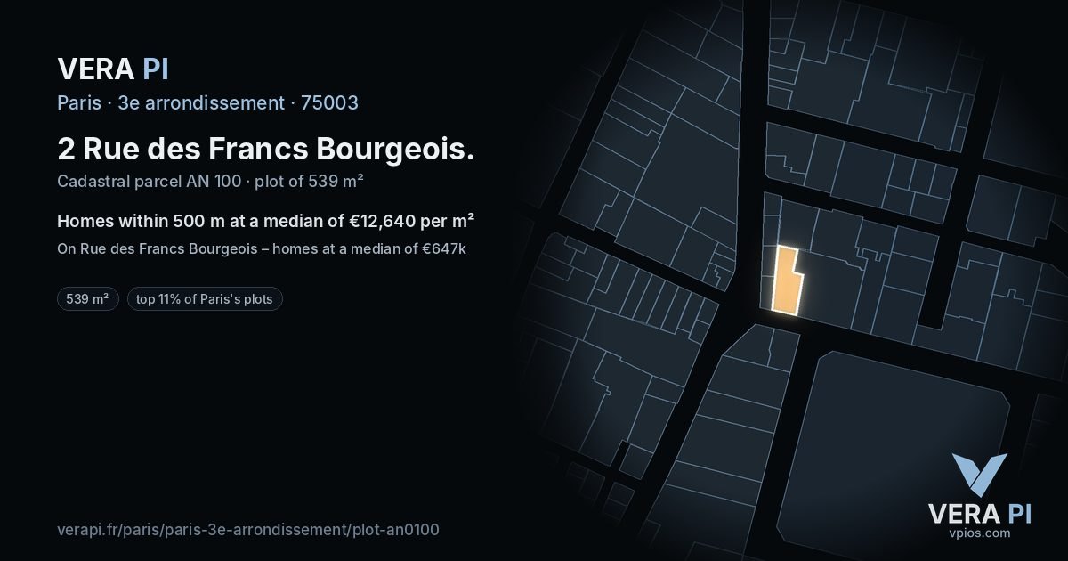 2 Rue des Francs Bourgeois, 3e arrondissement at night – the plot lit, the parcels around coloured by the prices near them