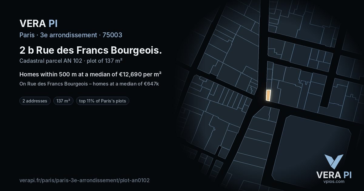 2 b Rue des Francs Bourgeois, 3e arrondissement at night – the plot lit, the parcels around coloured by the prices near them
