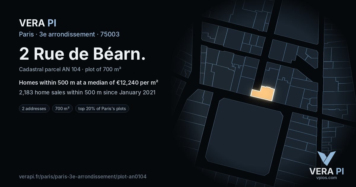 2 Rue de Béarn, 3e arrondissement at night – the plot lit, the parcels around coloured by the prices near them