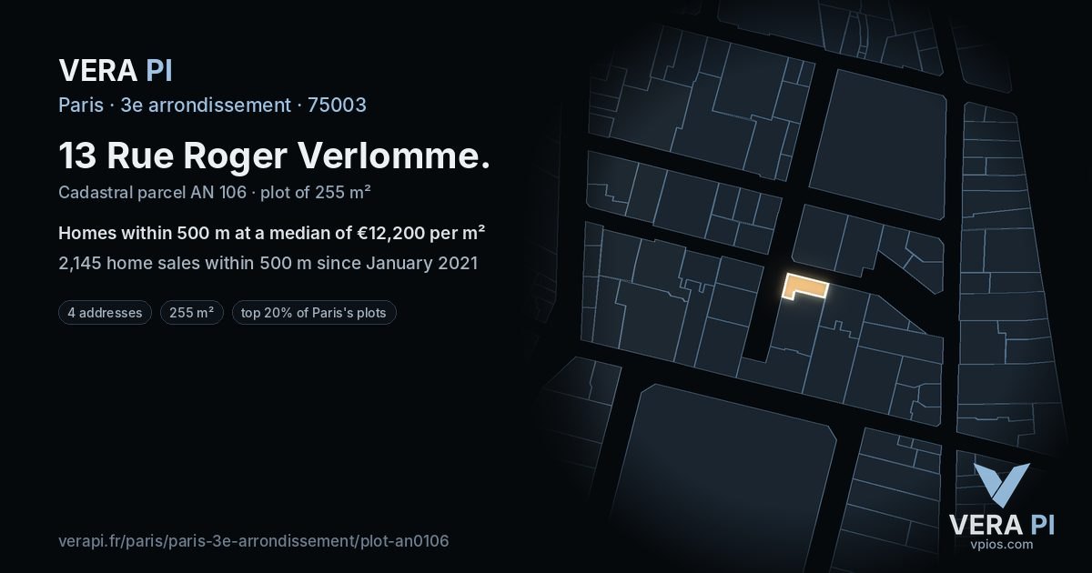 13 Rue Roger Verlomme, 3e arrondissement at night – the plot lit, the parcels around coloured by the prices near them