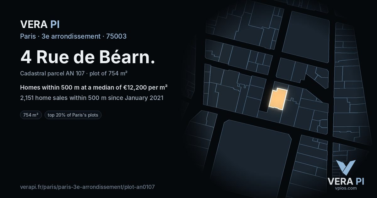 4 Rue de Béarn, 3e arrondissement at night – the plot lit, the parcels around coloured by the prices near them