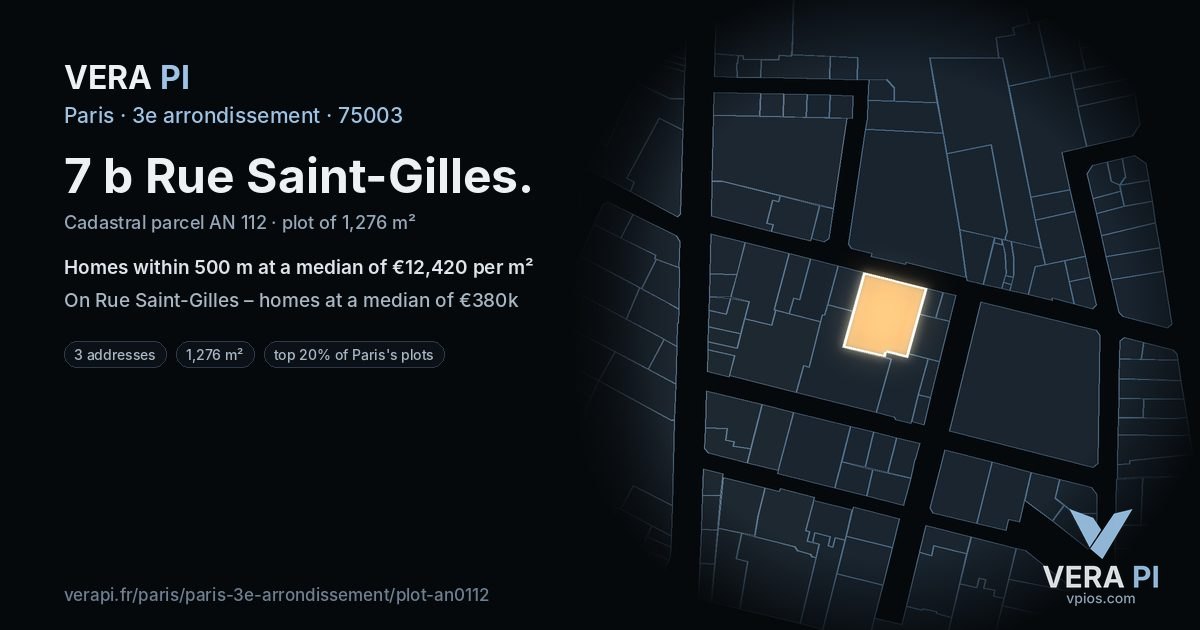7 b Rue Saint-Gilles, 3e arrondissement at night – the plot lit, the parcels around coloured by the prices near them