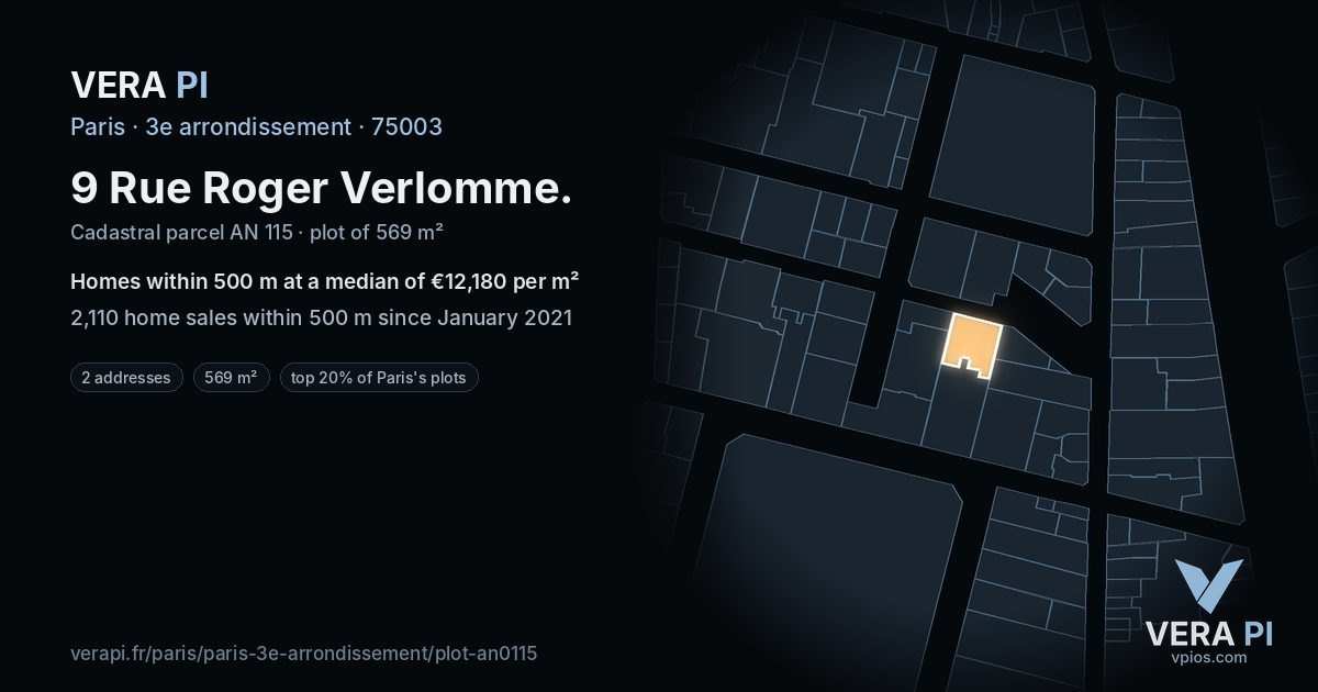 9 Rue Roger Verlomme, 3e arrondissement at night – the plot lit, the parcels around coloured by the prices near them