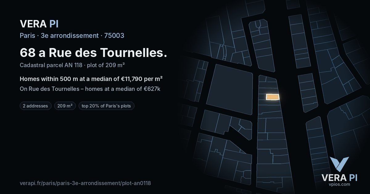 68 a Rue des Tournelles, 3e arrondissement at night – the plot lit, the parcels around coloured by the prices near them