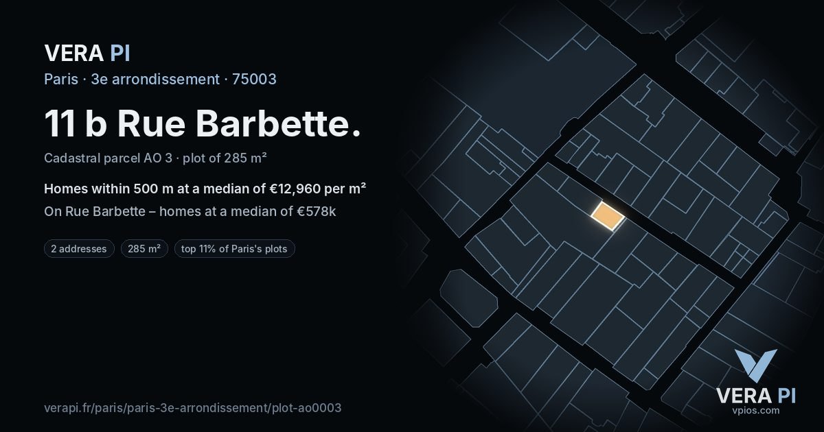 11 b Rue Barbette, 3e arrondissement at night – the plot lit, the parcels around coloured by the prices near them