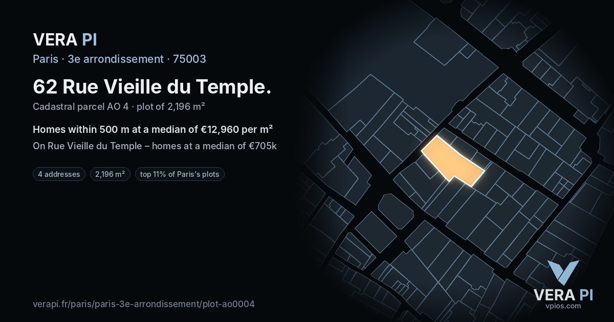 62 Rue Vieille du Temple, 3e arrondissement at night – the plot lit, the parcels around coloured by the prices near them