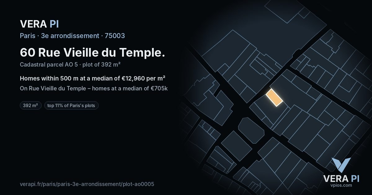 60 Rue Vieille du Temple, 3e arrondissement at night – the plot lit, the parcels around coloured by the prices near them