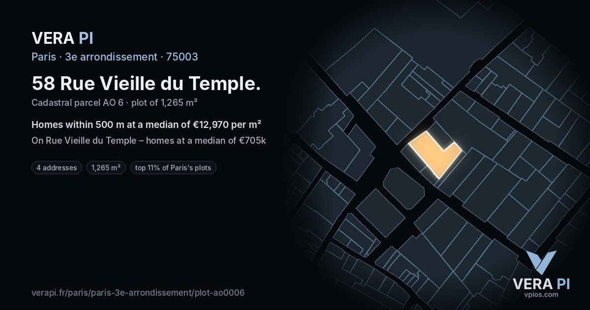 58 Rue Vieille du Temple, 3e arrondissement at night – the plot lit, the parcels around coloured by the prices near them
