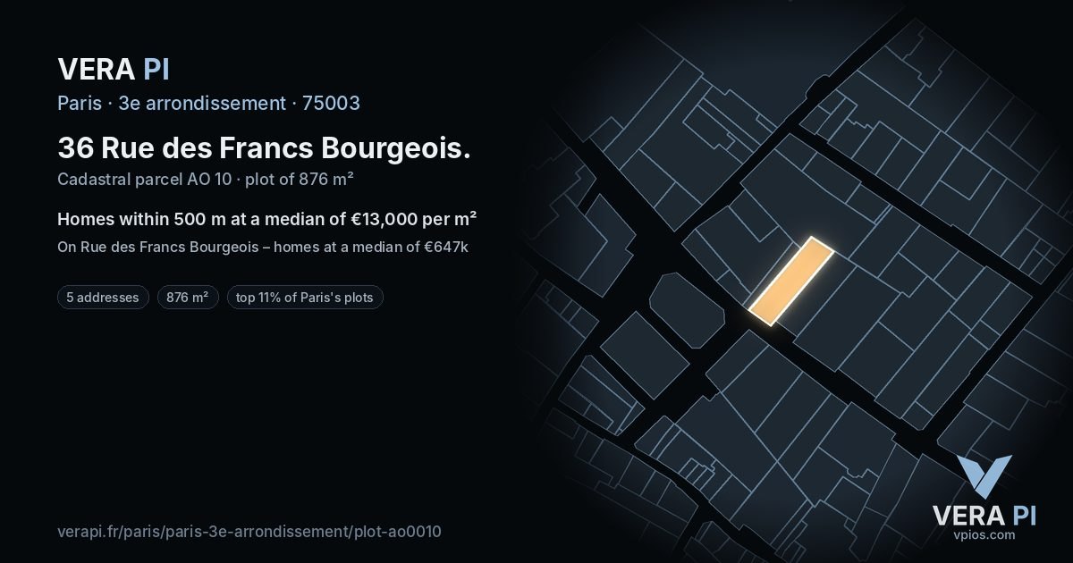 36 Rue des Francs Bourgeois, 3e arrondissement at night – the plot lit, the parcels around coloured by the prices near them