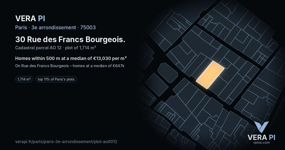 30 Rue des Francs Bourgeois, 3e arrondissement at night – the plot lit, the parcels around coloured by the prices near them