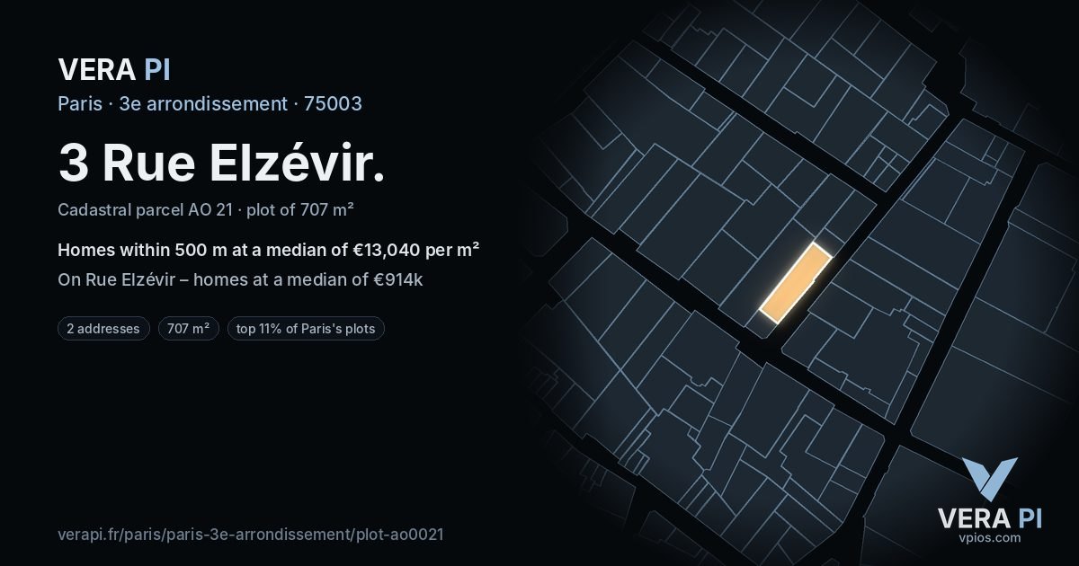 3 Rue Elzévir, 3e arrondissement at night – the plot lit, the parcels around coloured by the prices near them